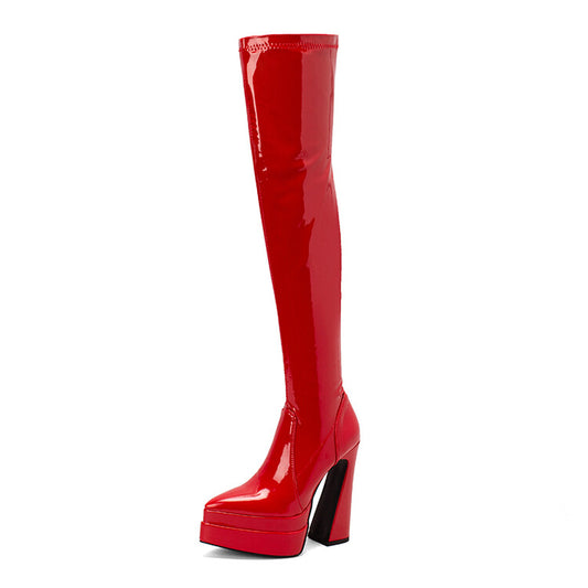 Woman Glossy Pointed Toe Side Zippers Chunky Heel Platform Over the Knee Boots