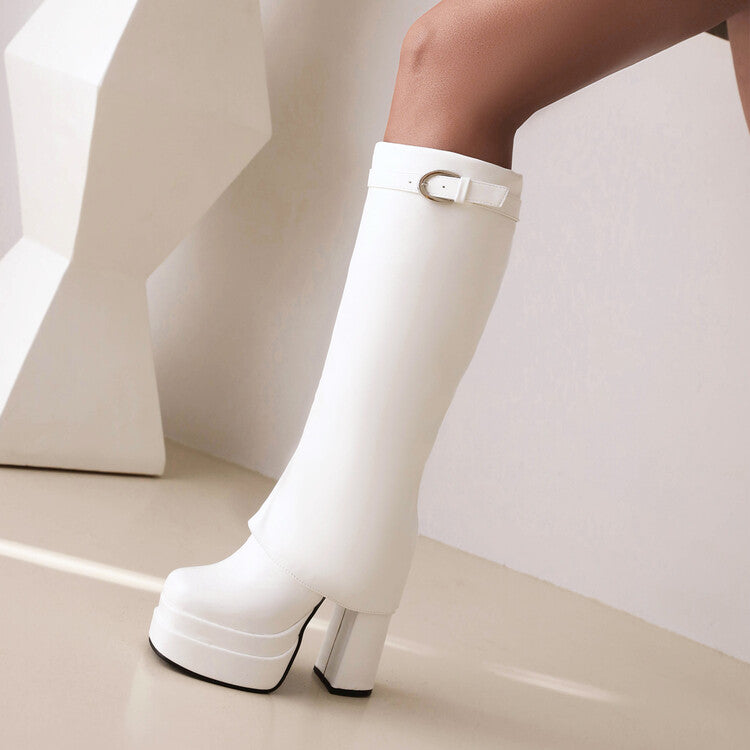 Woman Fold Pu Leather Square Toe Block Heel Platform Knee High Boots