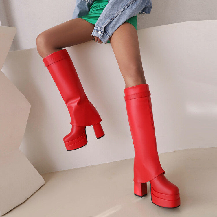Woman Fold Pu Leather Square Toe Block Heel Platform Knee High Boots