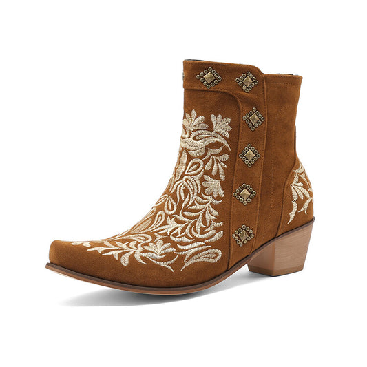 Woman Flock Pointed Toe Rivets Embroidery Puppy Heel Cowboy Short Boots