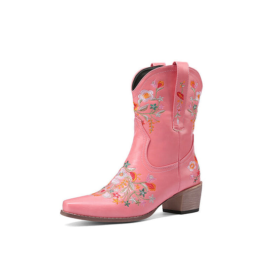 Woman Pu Leather Pointed Toe Floral Embroidery Puppy Heel Cowboy Short Boots