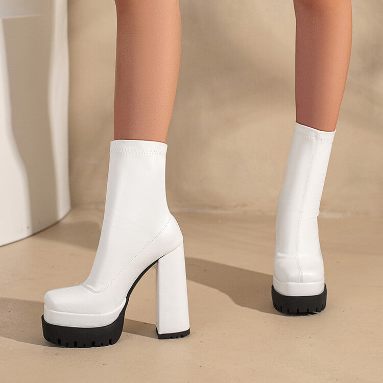 Women Pu Leather Square Toe Stitching Chunky Heel Platform Short Boots