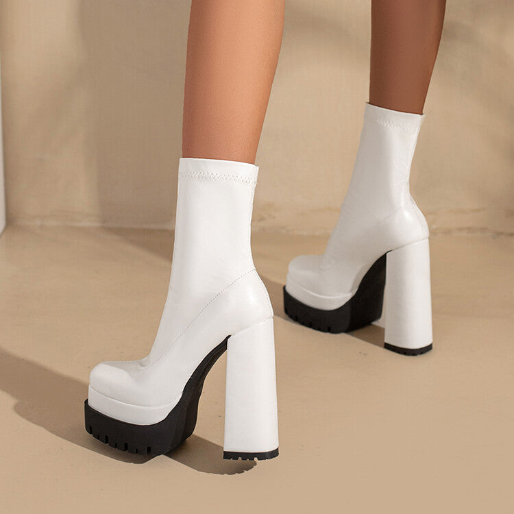 Women Pu Leather Square Toe Stitching Chunky Heel Platform Short Boots
