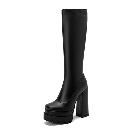 Woman Pu Leather Side Zippers Platform Block Heel Knee High Boots