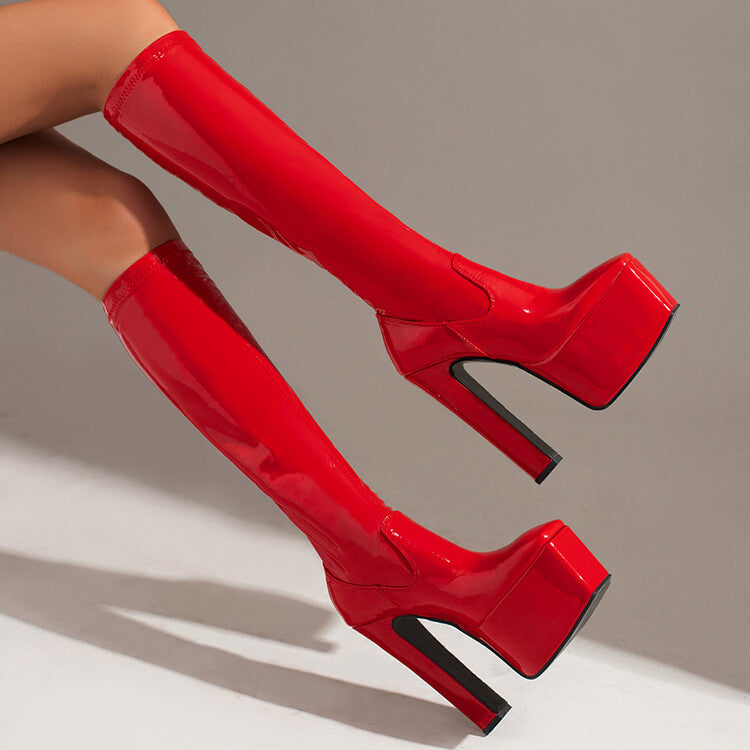 Woman Glossy Square Toe Stitching Platform Block Heel Knee High Boots