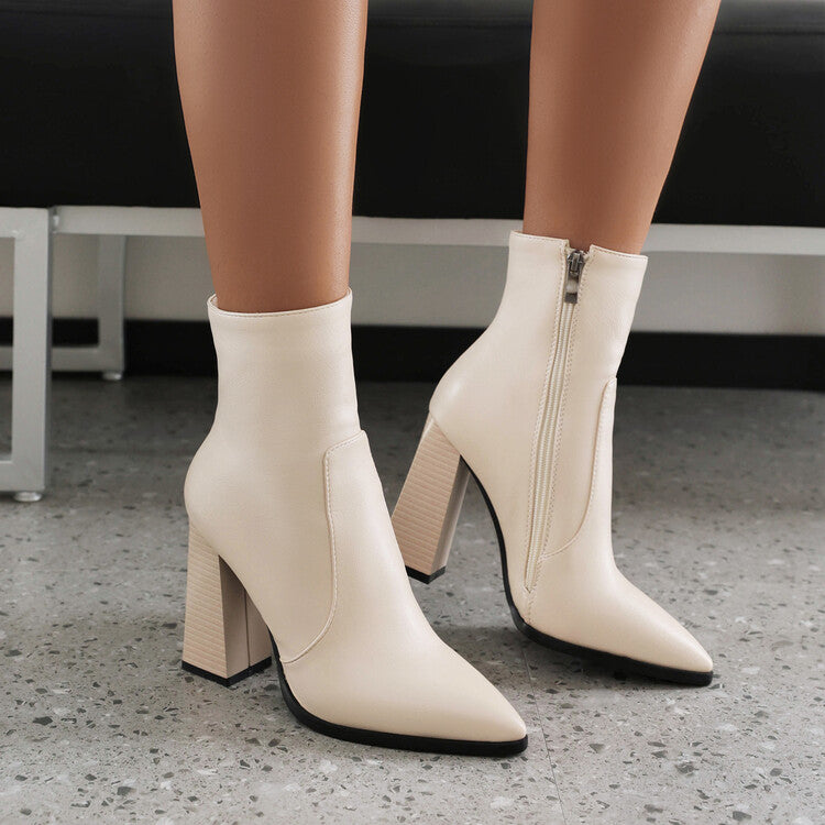 Women Pu Leather Pointed Toe Stitching Side Zippers Chunky Heel Short Boots