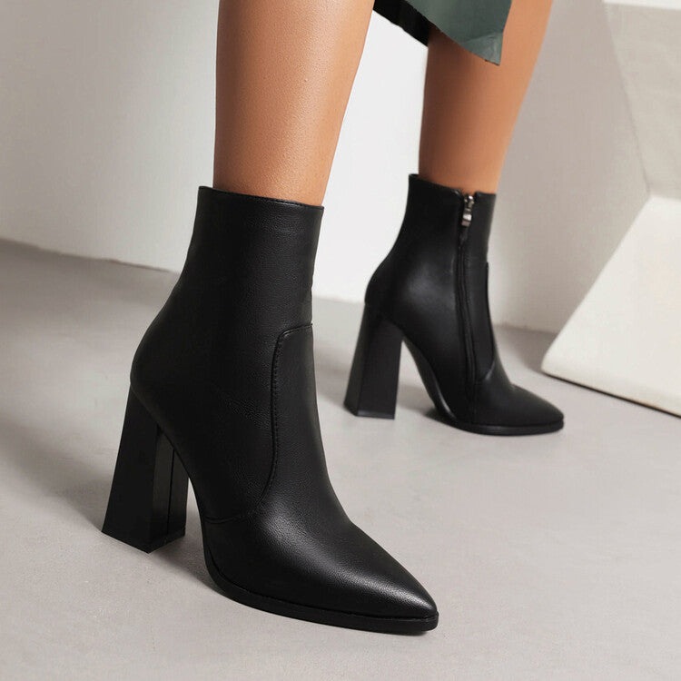 Women Pu Leather Pointed Toe Stitching Side Zippers Chunky Heel Short Boots