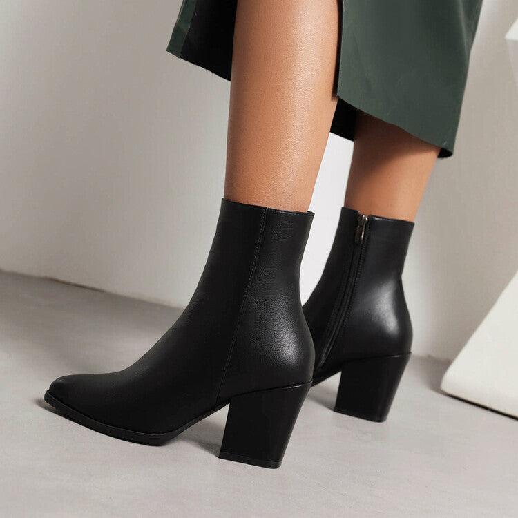 Women Pu Leather Pointed Toe Side Zippers Chunky High Heel Short Boots