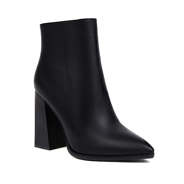 Women Pu Leather Pointed Toe Stitching Side Zippers Block Heel Short Boots