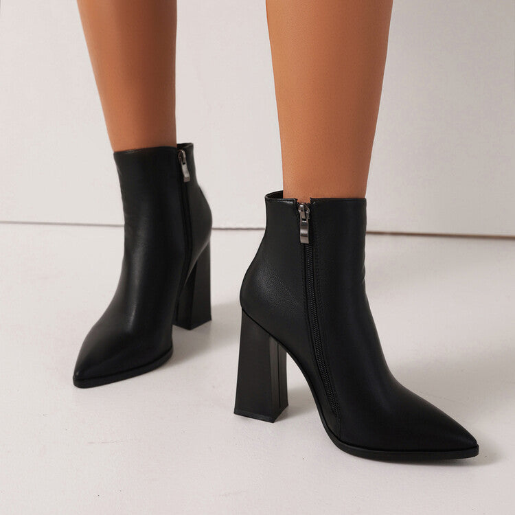 Women Pu Leather Pointed Toe Stitching Side Zippers Block Heel Short Boots