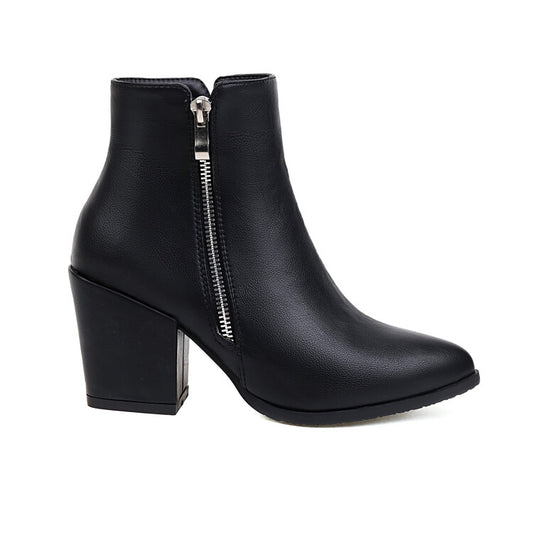 Women Pu Leather Pointed Toe Side Zippers Block Heel Short Boots