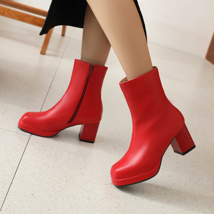 Woman Square Toe Side Zippers Block Heel Platform Short Boots