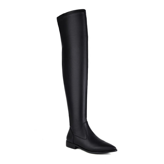 Woman Pu Leather Pointed Toe Side Zippers Over The Knee Puppy Heel High Boots