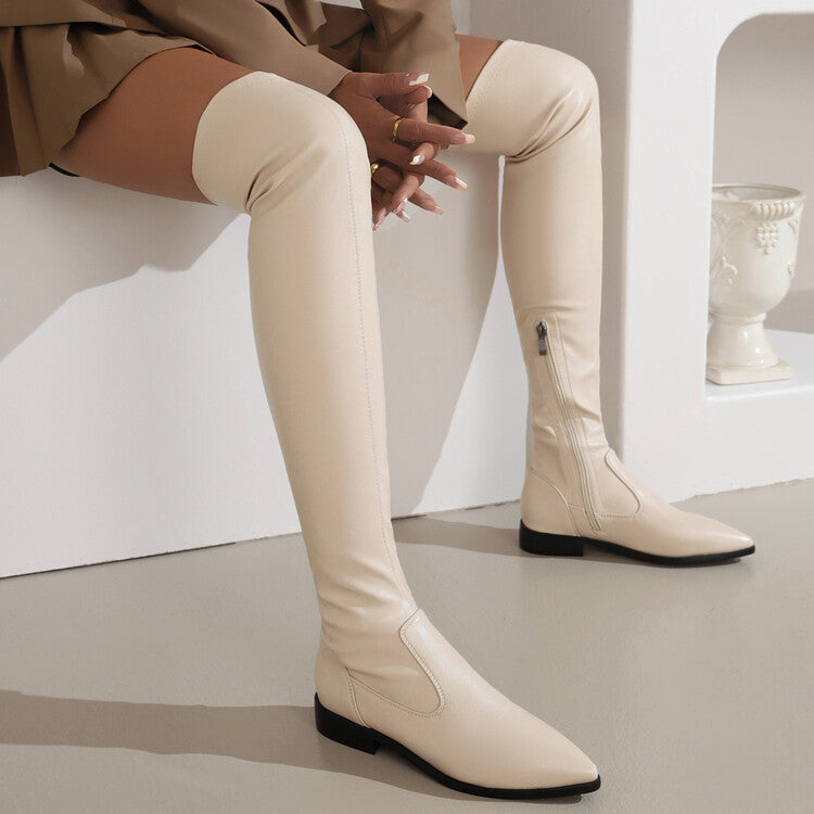 Woman Pu Leather Pointed Toe Side Zippers Over The Knee Puppy Heel High Boots