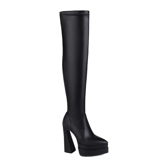 Woman Pu Leather Side Zippers Chunky Heel Platform Over the Knee Boots