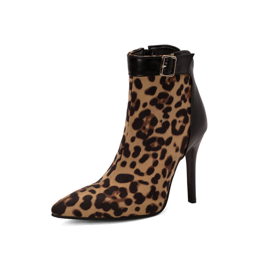Woman Leopard Print Pointed Toe Buckle Stiletto Heel Short Boots