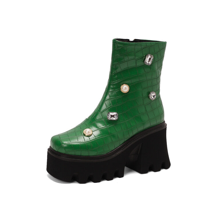 Woman Crocodile Pattern Pearls Rhinestone Block Heel Platform Short Boots