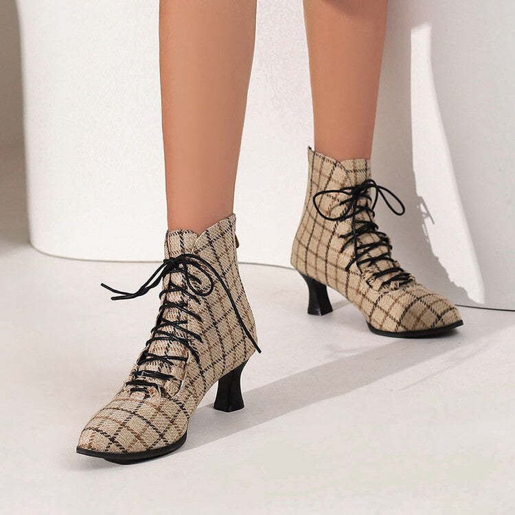 Woman Lattice Pointed Toe Lace Up Kitten Heel Short Boots