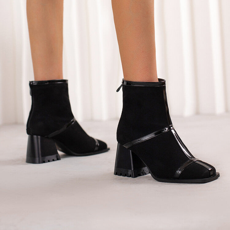 Woman Flock Square Toe Block Heel Short Boots