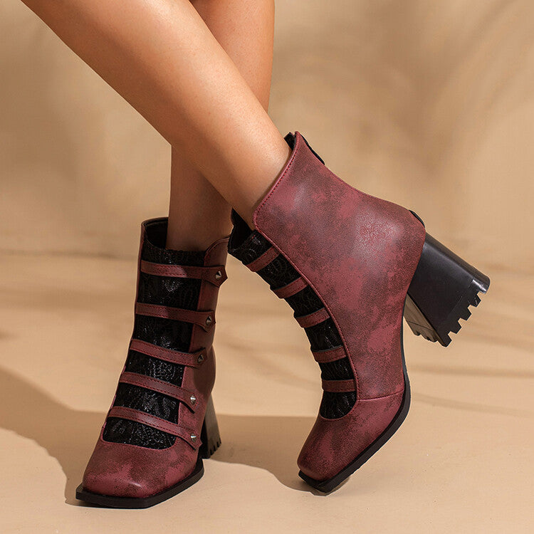 Woman Embossed Leather Rivets Block Heel Short Boots