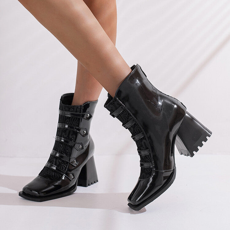 Woman Embossed Leather Rivets Block Heel Short Boots