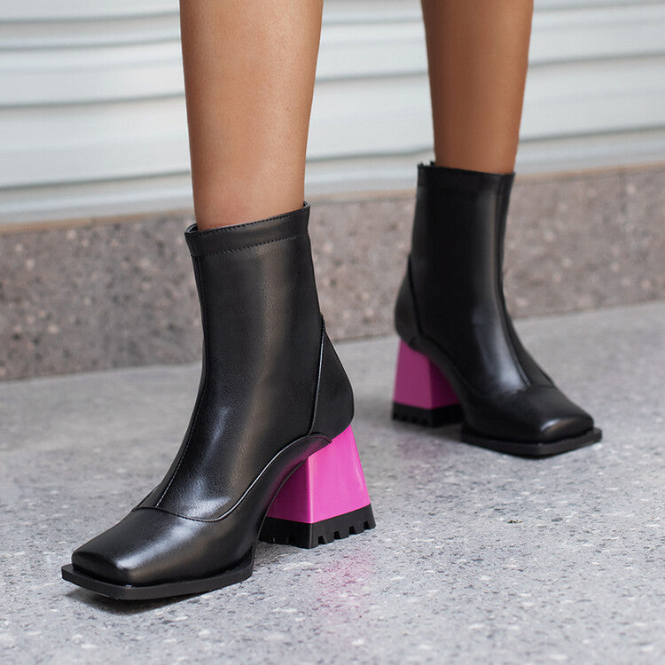 Woman Bicolor Square Toe Block Heel Short Boots