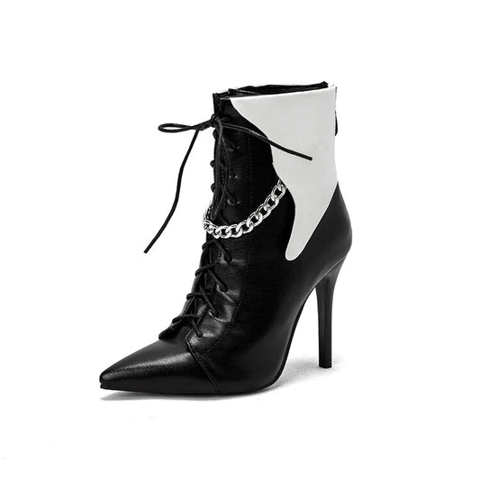 Woman Bicolor Pointed Toe Lace Up Metal Chains Stiletto Heel Short Boots