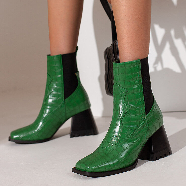 Woman Crocodile Pattern Square Toe Elastic Band Block Heel Short Boots