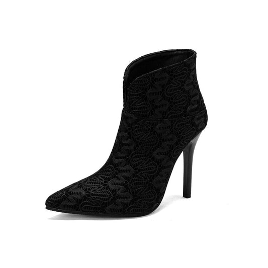 Woman Embossed Leather Leopard Print Pointed Toe Stiletto Heel Short Boots
