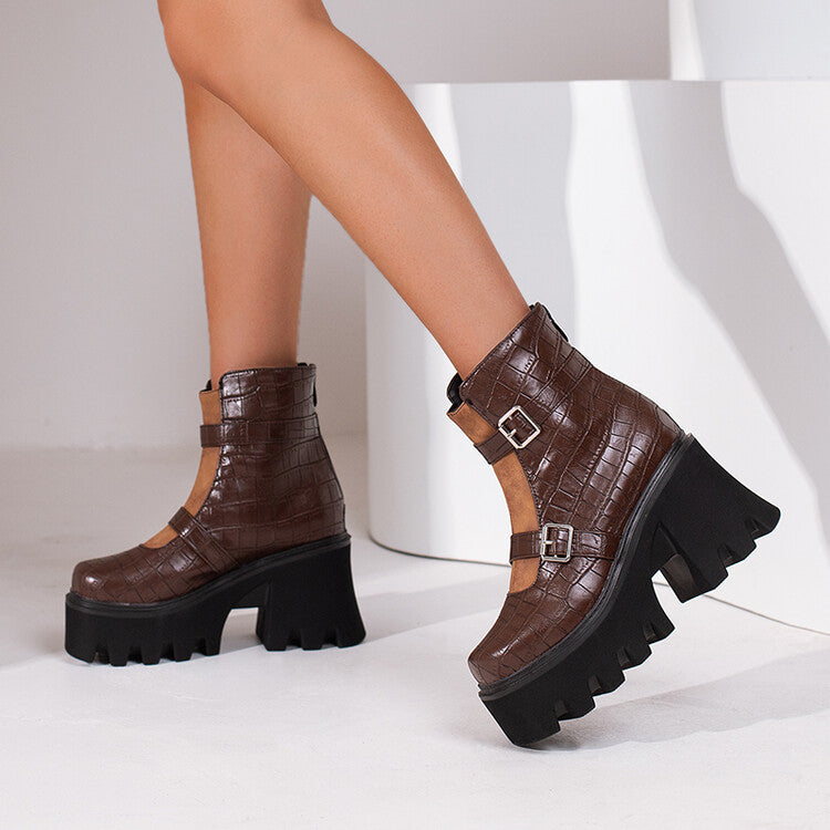Woman Embossed Leather Buckle Straps Block Heel Platform Short Boots