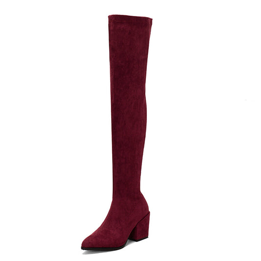 Woman Suede Pointed Toe Side Zippers Over The Knee Block Heel Boots