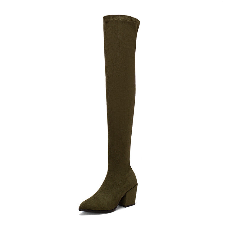 Woman Suede Pointed Toe Side Zippers Over The Knee Block Heel Boots
