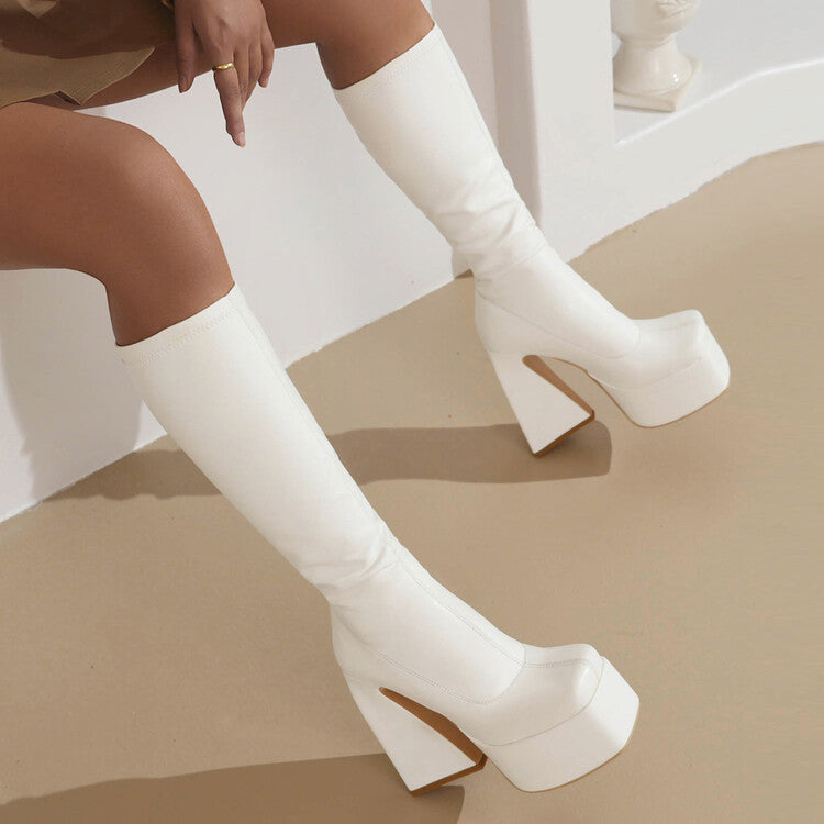 Women Square Toe Triangle Heel Platform Knee High Boots