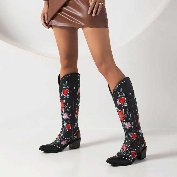Women Ethnic Love Hearts  Printed Low Heels Cowboy Mid Calf Boots
