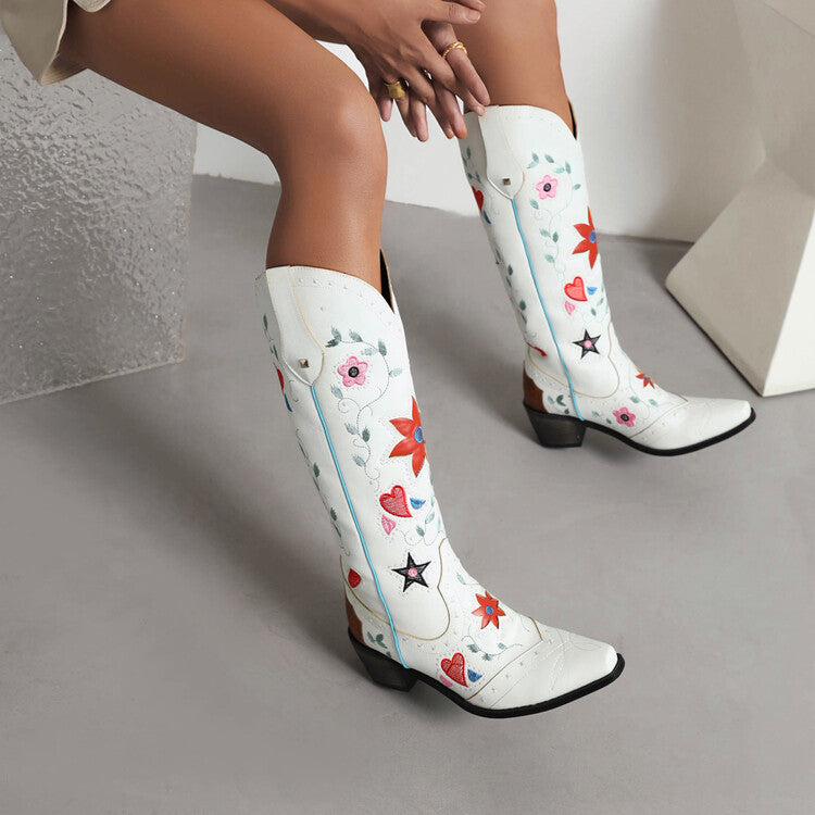 Women Ethnic Love Hearts  Printed Low Heels Cowboy Mid Calf Boots