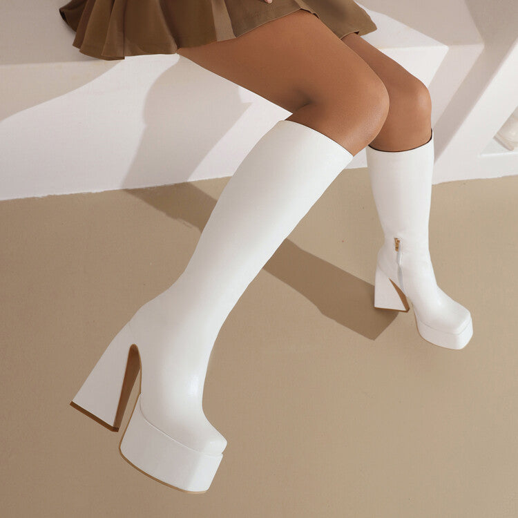 Women Pu Leather Side Zippers Triangle Heel Platform Knee High Boots