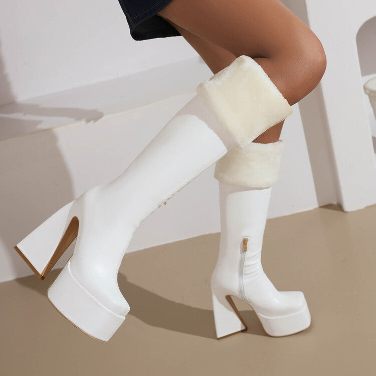 Women Square Toe Triangle Heel Platform Knee High Boots