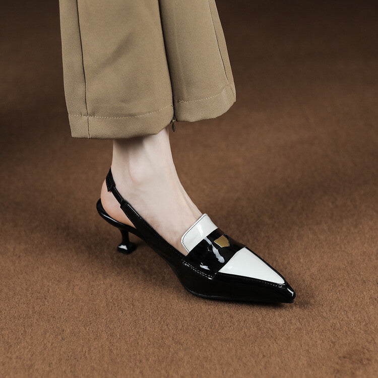 Women Bicolor Pointed Toe Slingbacks Spool Heel Sandals