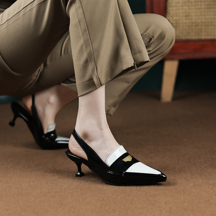 Women Bicolor Pointed Toe Slingbacks Spool Heel Sandals