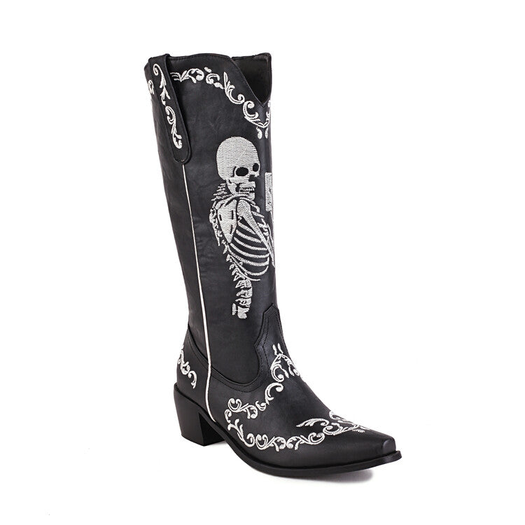 Women Ethnic Pointed Toe Patchwork Embroidery Low Heels Knee High Boots