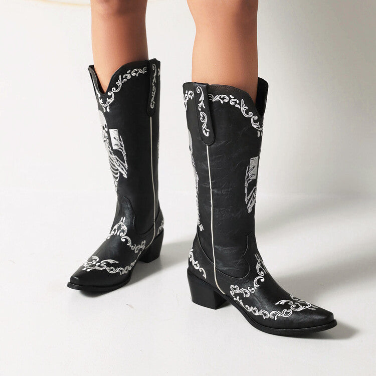 Women Ethnic Pointed Toe Patchwork Embroidery Low Heels Knee High Boots