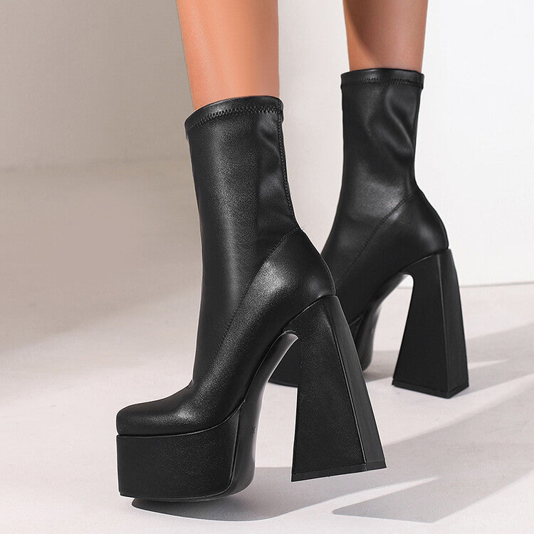 Woman Pu Leather Square Toe Triangle Heel Platform Short Boots