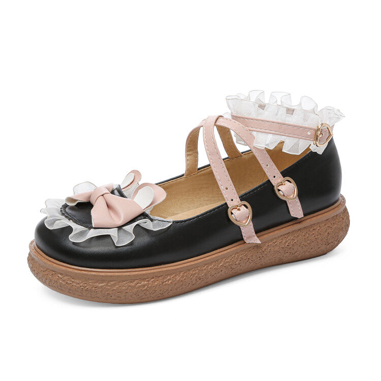Women Lolita Bowties Knot Crossed Lace Straps Flats Shoes