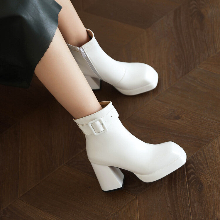 Woman Square Toe Buckle Side Zippers Block Heel Platform Short Boots