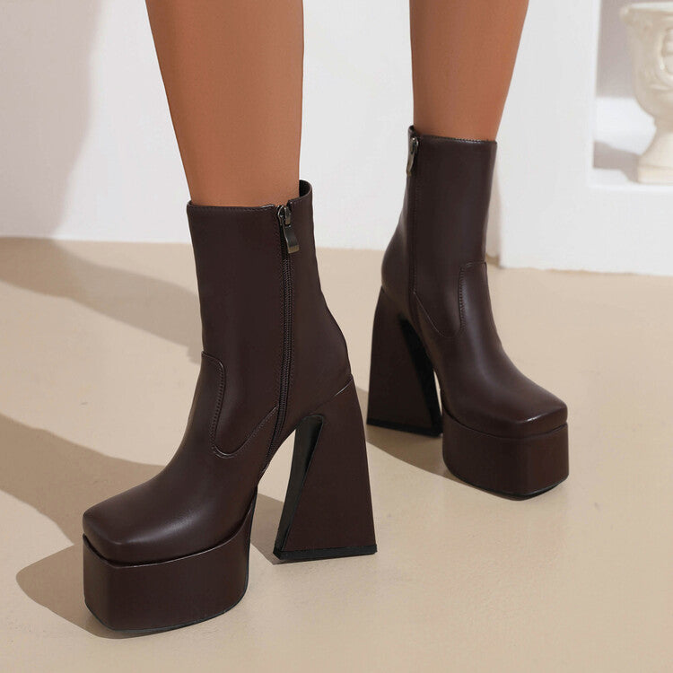 Woman Pu Leather Square Toe Side Zippers Triangle Heel Platform Short Boots