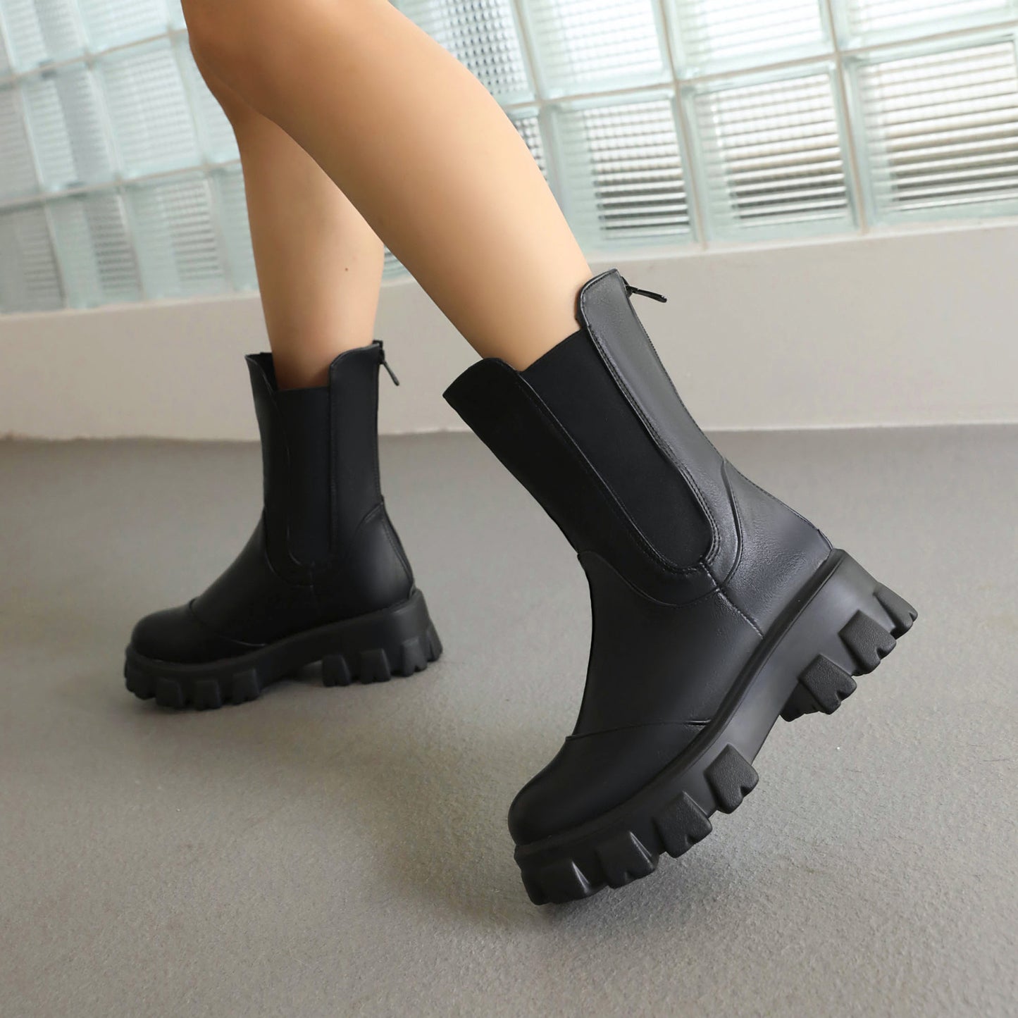 Woman Round Toe Stretch Block Chunky Heel Platform Short Boots