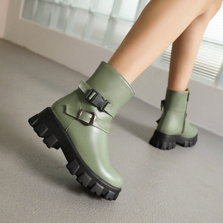 Woman Glossy Buckle Straps Block Heel Side Zippers Platform Short Boots