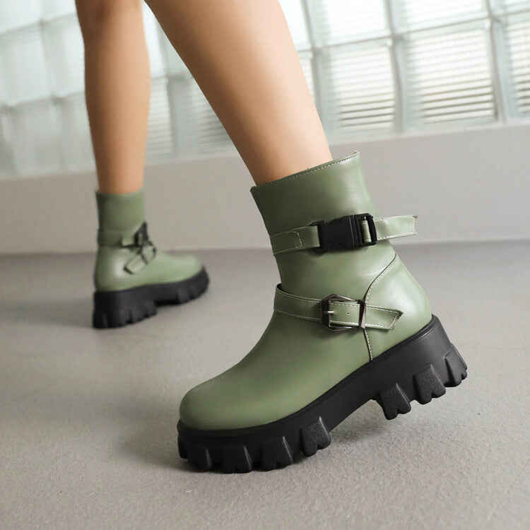 Woman Glossy Buckle Straps Block Heel Side Zippers Platform Short Boots