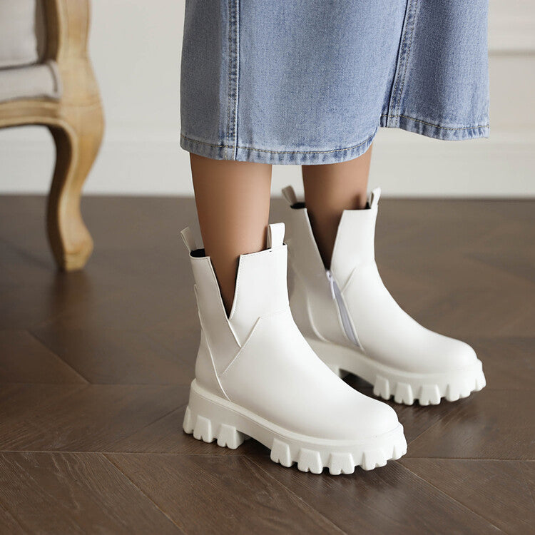Woman Pu Leather Round Toe Stitch Block Heel Platform Short Boots