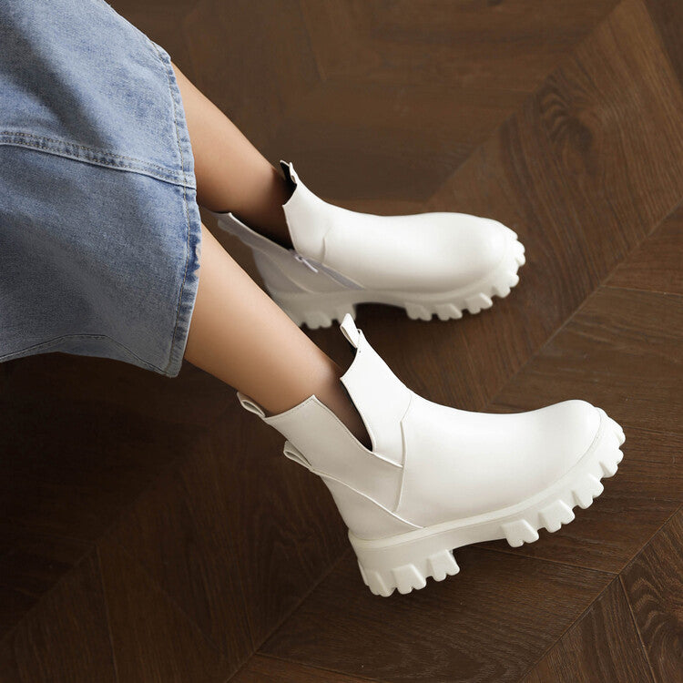 Woman Pu Leather Round Toe Stitch Block Heel Platform Short Boots